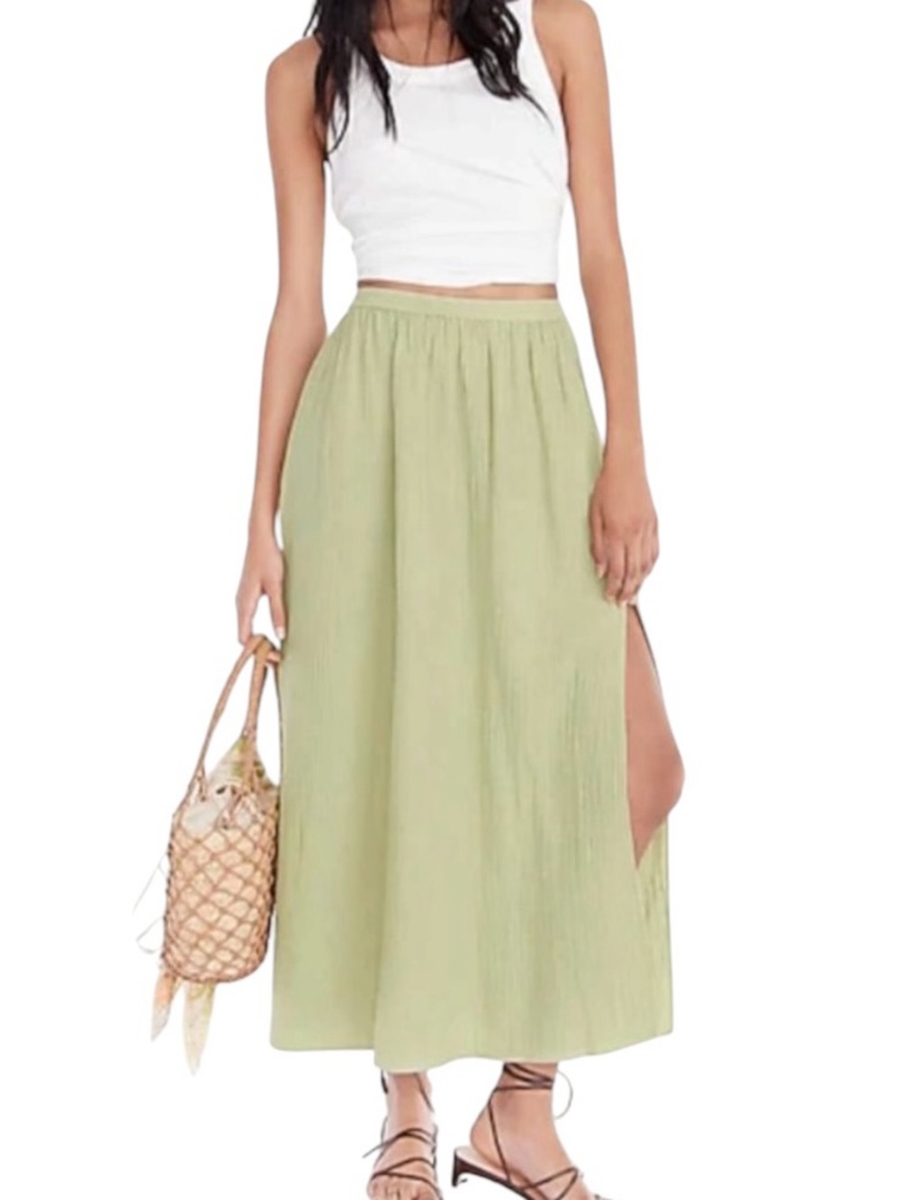 J Crew Gauze Skirt Green Side Slit L BG548